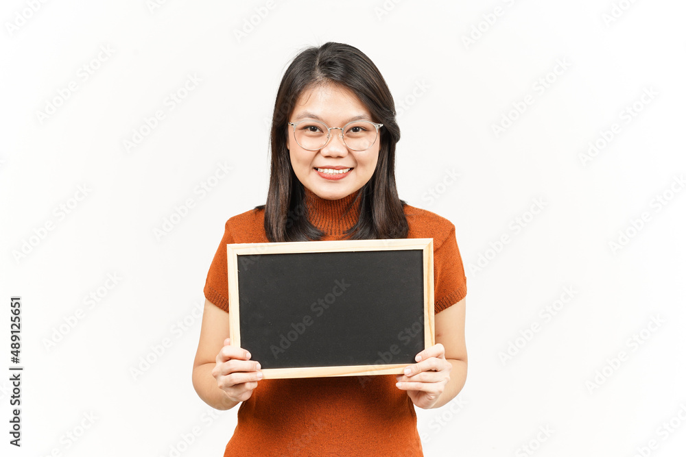 Showing, Presenting and holding Blank Blackboard Of Beautiful Asian Woman Isolated On White Background Showing, Presenting and holding Blank Blackboard Of Beautiful Asian Woman Isolated On White Background
