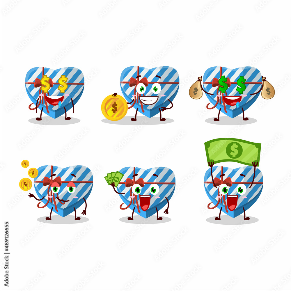 Blue love gift box cartoon character with cute emoticon bring money