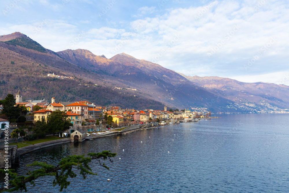 Pretty resort, Cannobio city center on the Maggiore lake, on a sunny day, Verbania, Italy