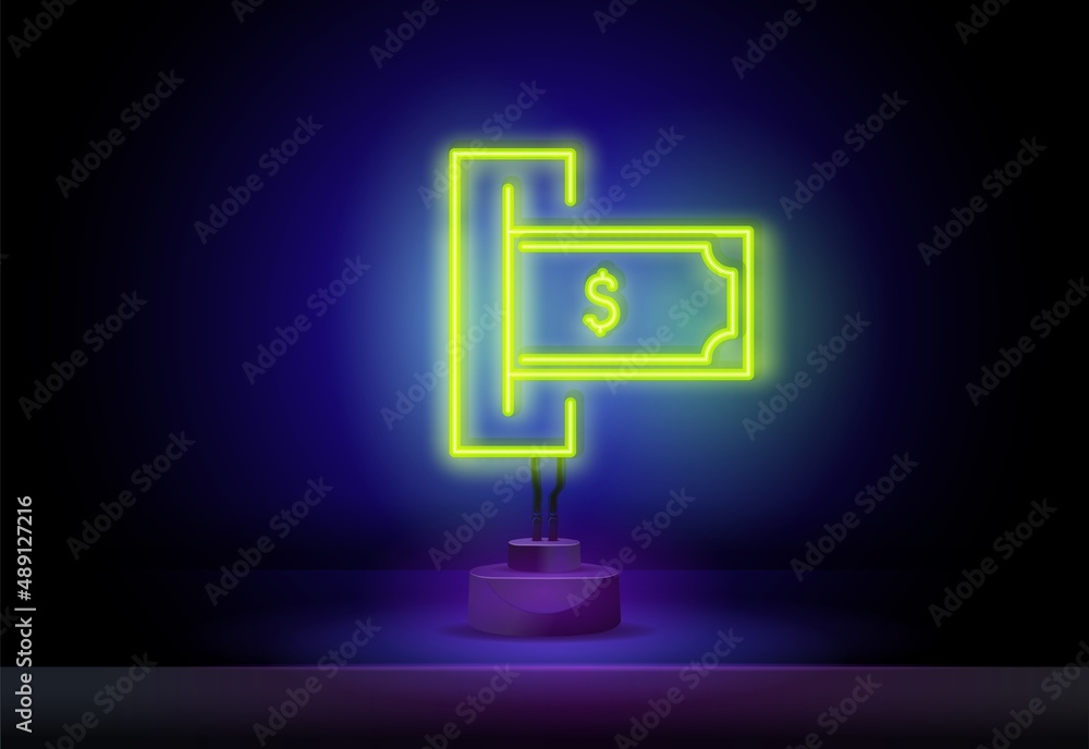Money neon sign. Dollar bills on dark background. Banknotes, income
