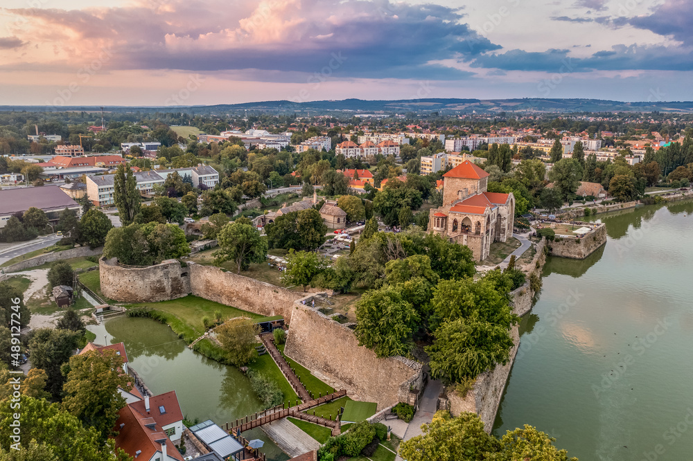Aerial view of Tata castle in Komarom county Hungary, along the old lake with Gothic inner palace three angular bastions for cannons and a round rondel