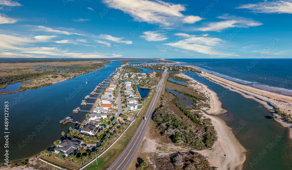 Aerial view of coastal paradise summer heaven near St Augustine Florida luxury vacation homes with long decks