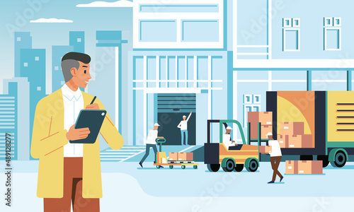 young manager on delivery company checking the delivery of goods by employees. young entrepreneur on delivery business vector illustration