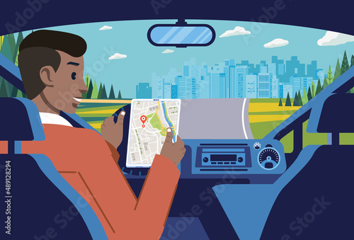 a man driving on the suburbs towards the city using directions from the online map. car interior with landscape and cityline illustration