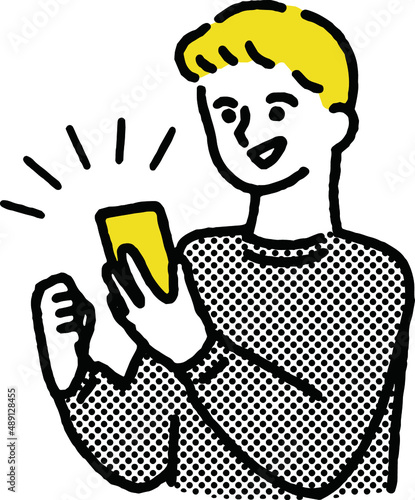 携帯電話を見てガッツポーズしながら楽しく笑っている男性のおしゃれなイラスト