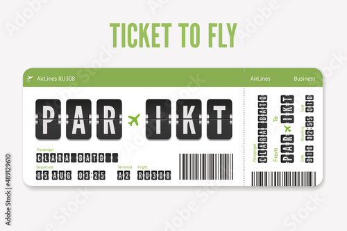 Green Airline Ticket. Vector flight coupon with shadows. Airplane boarding card isolated on white