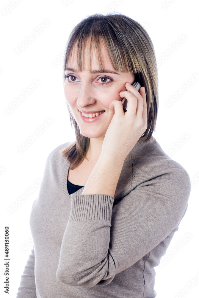 Talking woman by mobile over white Talking woman by mobile over white