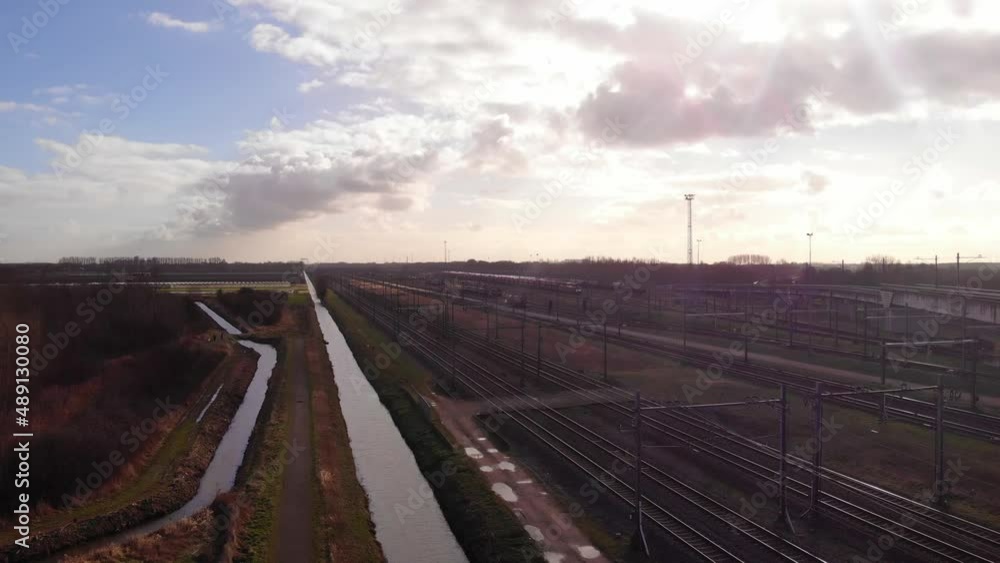 Aerial View Of Kijfhoek Rail Freight Lines From Path. Pedestal Up Aerial View Of Kijfhoek Rail Freight Lines From Path. Pedestal Up