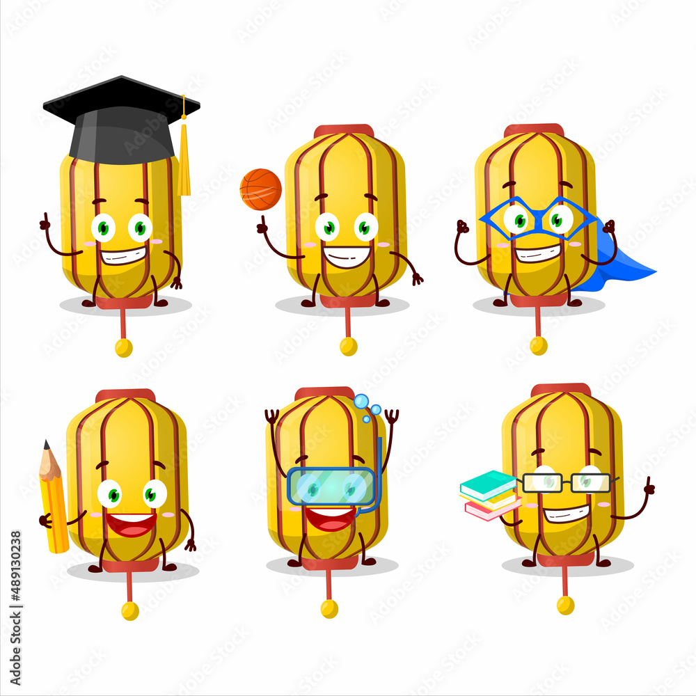 School student of yellow chinese long lamp cartoon character with various expressions