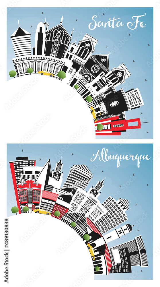 Albuquerque and Santa Fe New Mexico City Skyline Set.