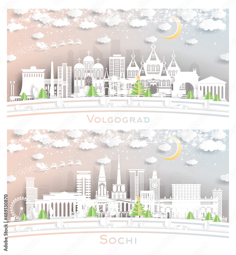 Sochi and Volgograd Russia City Skyline Set in Paper Cut Style.