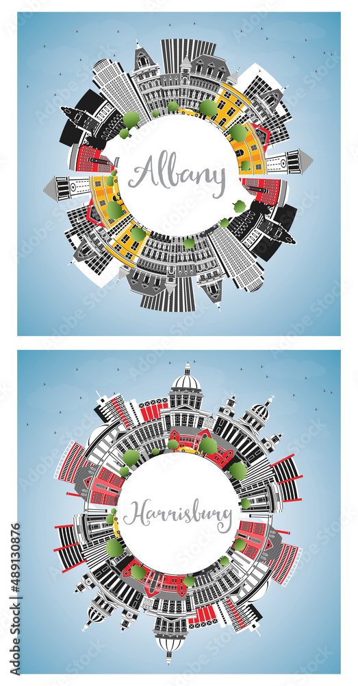 Harrisburg Pennsylvania and Albany New York City Skyline Set.