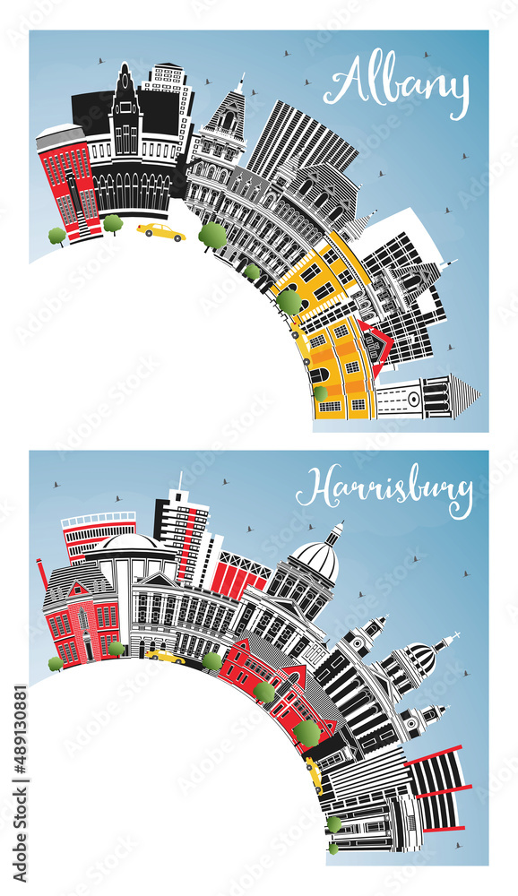 Harrisburg Pennsylvania and Albany New York City Skyline Set.