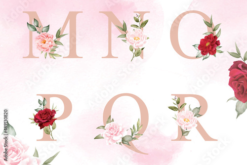 Watercolor floral alphabet set of m, n, o, p, q, r with hand drawn Flower and Leaves