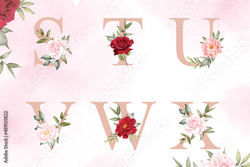 Watercolor floral alphabet set of s, t, u, v, w, x with hand drawn Flower and Leaves