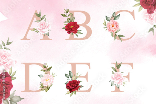 Watercolor floral alphabet set of a, b, c, d, e, f with hand drawn Flower and Leaves