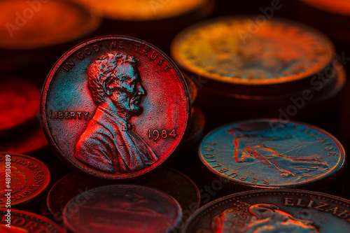 Abraham Lincoln Penny 1984 Cent Piles and Stacks Close Up