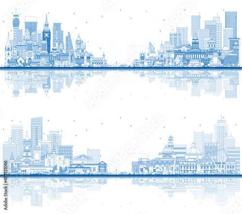 Outline Welcome to England and Wales. City Skyline with Blue Buildings.