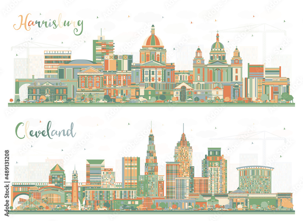 Cleveland Ohio and Harrisburg Pennsylvania City Skyline Set with Color Buildings.