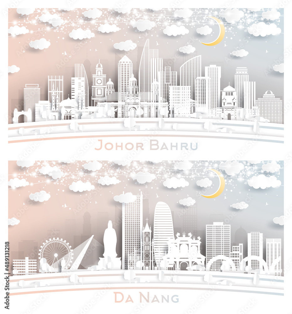 Obraz premium Da Nang Vietnam and Johor Bahru Malaysia City Skyline Set.