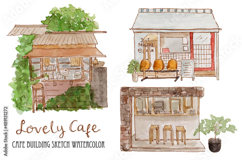 a set of cute cafe building sketch watercolor