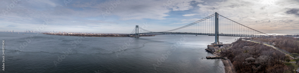Aerial view of the Verrazzano-Narrows Bridge a suspension bridge connecting the New York City boroughs of Staten Island and Brooklyn