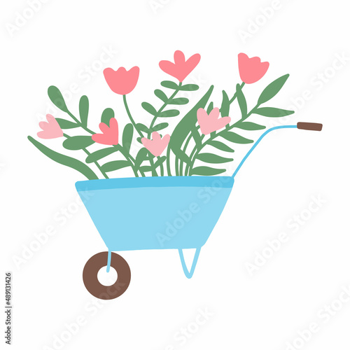  Garden wheelbarrow with flowers. Blue garden wheelbarrow with flowers and green leaves .Element for postcards, posters and banners. The final illustration in a hand-drawn style.