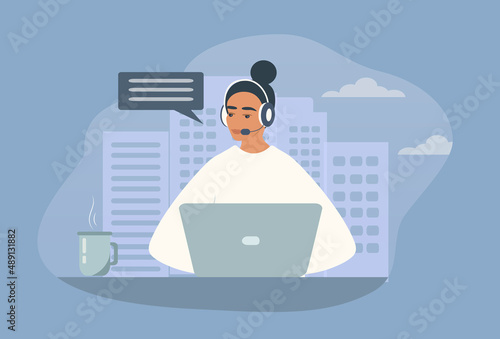 vector hand drawn illustration in flat style on the theme of call center, technical support. girl in headphones with a microphone advises clients