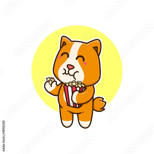 happy dog eat popcorn cute adorable cartoon doodle vector illustration flat design style