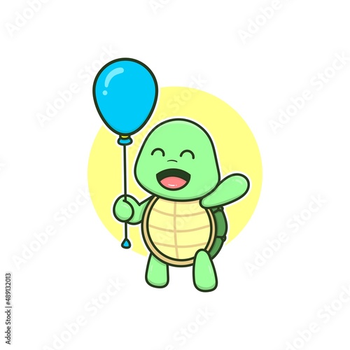cute green turtle tortoise play balloon cartoon doodle adorable character vector illustration