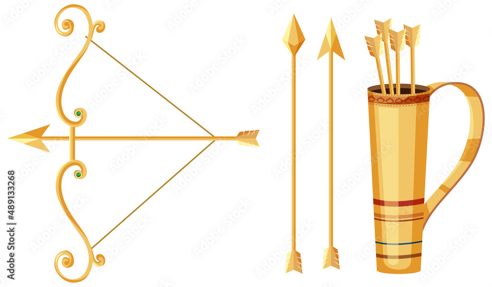 Set of golden bow and arrows Set of golden bow and arrows