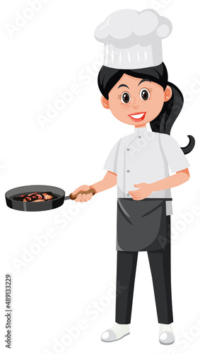 Chef cartoon character cooking steak on white background