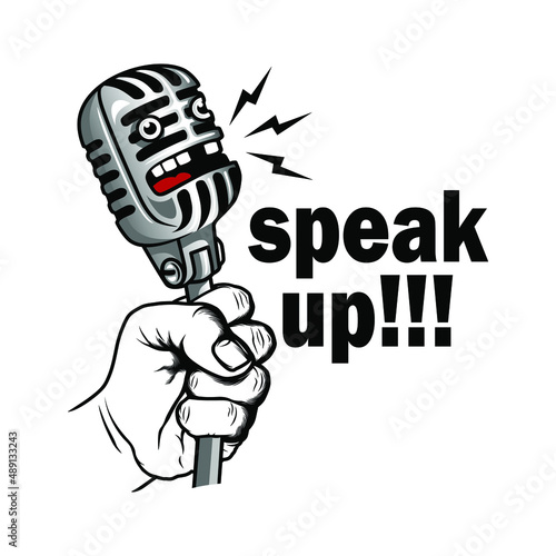 speak up with hand holding microphone cartoon, mascot podcast on black background. Design element for logo, poster, card, banner, emblem, t shirt. Vector illustration