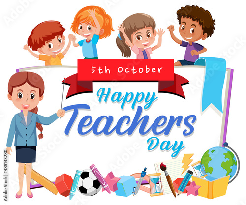 Happy Teachers Day banner with a female and children