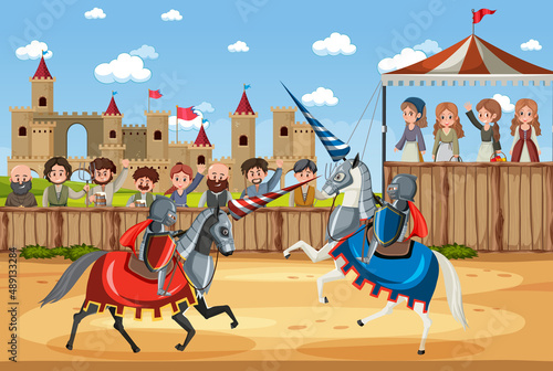 Outdoor scene with medieval knights with villagers