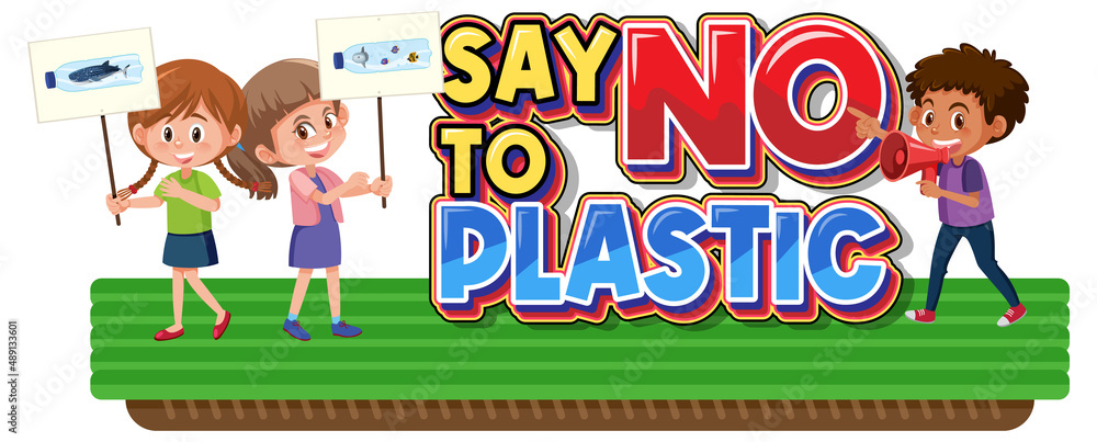 Fototapeta premium Say no to plastic logo banner with children cartoon