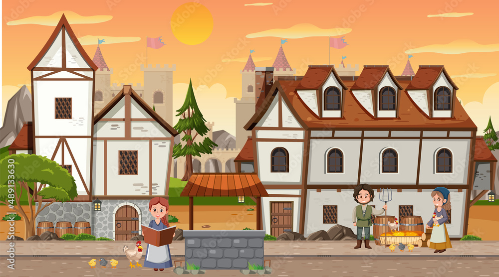Medieval town scene with villagers Medieval town scene with villagers