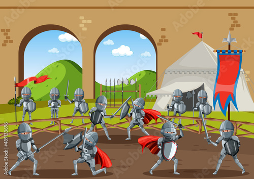 Medieval scene with knights jousting