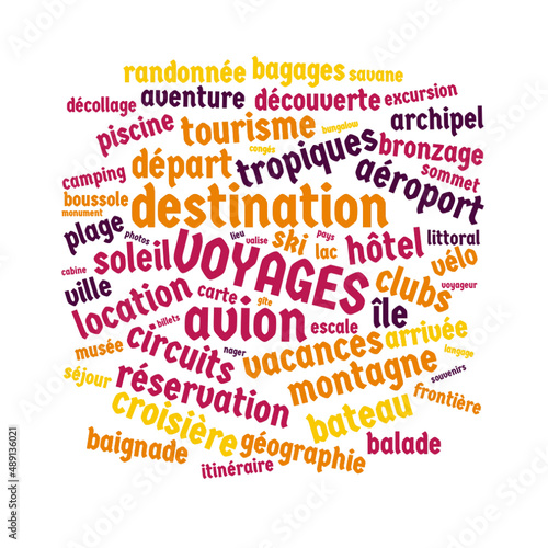 Illustration Voyages en nuage de mots avec un fond transparent