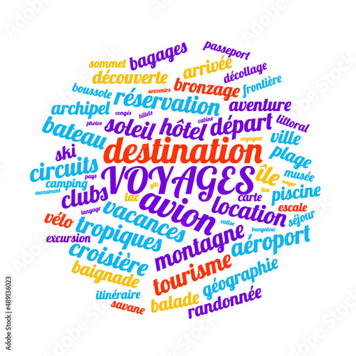 Illustration Voyages en nuage de mots avec un fond transparent