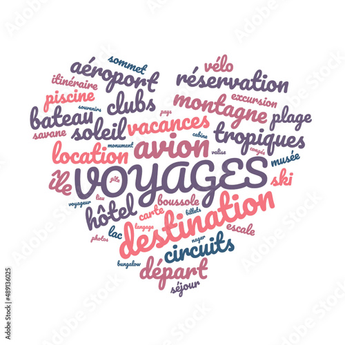 Illustration Voyages en nuage de mots avec un fond transparent