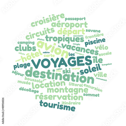 Illustration Voyages en nuage de mots avec un fond transparent