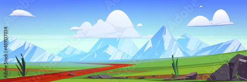 Cartoon nature mountain landscape with rural dirt road going along green field with grass and rocks. Path under blue sky with fluffy clouds  scenery summer background  day view  Vector illustration