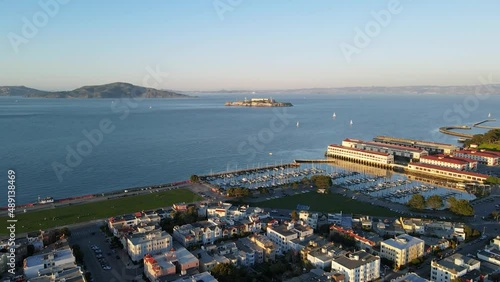 Aerial view of Alcatraz prison Island from Fort Mason Center with mountains in background in San Francisco, California, USA. Camera Fly Forward