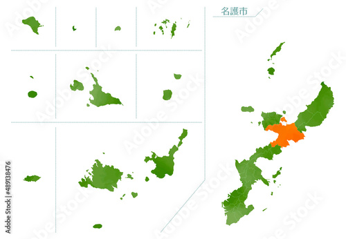 水彩風の地図 沖縄県 名護市