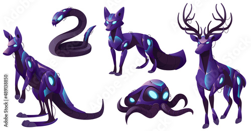Animal robots, cyborgs kangaroo, snake, fox, octopus and deer. Cartoon robotics animalistic machine characters with glowing eyes and wires, mechanical and electronic transformer personages Vector set