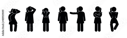female silhouette icon, illustration of girls, various gestures and poses, sad, angry and cheerful woman