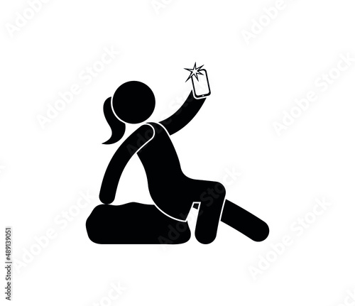 girl taking selfie, stick icon figure woman with phone, vector human silhouette isolated