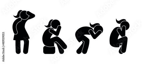 women upset, crying, suffering, tired woman,  illustration, icon set isolated on white