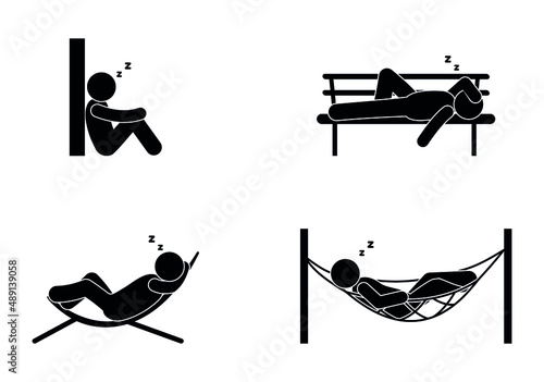 sleeping outdoors icon, stick figure, man sleep, isolated pictograms people relaxing in a hammock, on the beach and on a bench, stickman set